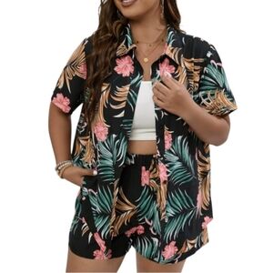 SHEIN Curve Tropical Hawaiian Floral Palm Print 2 Pc Set Shirt Shorts Plus 4X